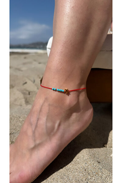 jewine studio Kırmızı Şans İpi Mavi Boncuklu Yıldız Halhal