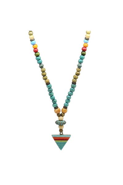 Tesbihane Handmade Ethnic Wooden Combination Turquoise Color Transitional Spear Pendant Authentic Necklace