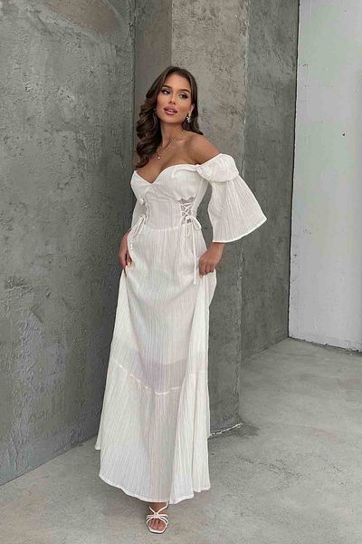 Seda Yalçın Atelier White Low Sleeve Underwire Seersucker Long Dress