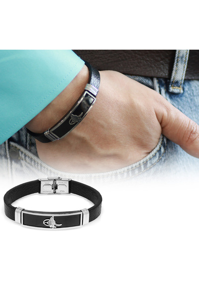 Tesbihane Tuğra Themed Black Leather-Steel Combination Men's Bracelet