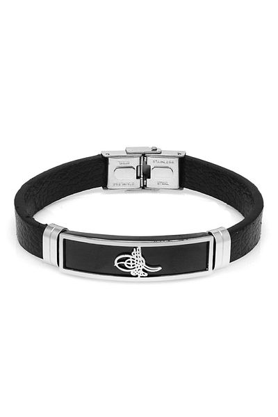 Tesbihane Tuğra Themed Black Leather-Steel Combination Men's Bracelet