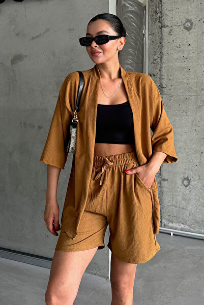 MODAGEN Women's Camel Kimono Shorts Top and Bottom Set