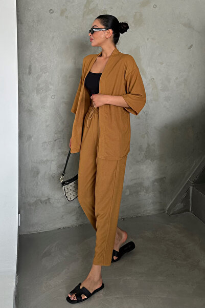 MODAGEN Női teve kimonó felső és alsó sárgarépa nadrág szett