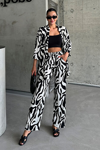 MODAGEN Kadın Zebra Kimono Pantolon Oversize Gömlek Takım
