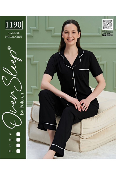 Over Sleep by Poleren Σετ γυναικεία πιτζάμα με μαύρο πουκάμισο με κοντό μανίκι