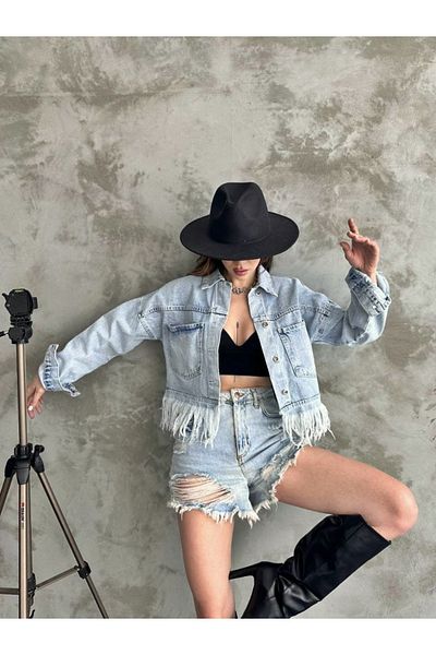 LB Laluna Butik Women's Tassel Detailed Denim Jacket