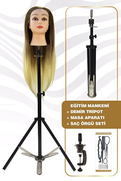KONAK PERUK Kuaför Eğitim Mankeni - Kahverengi Platin Ombreli + Demir Tripot ...