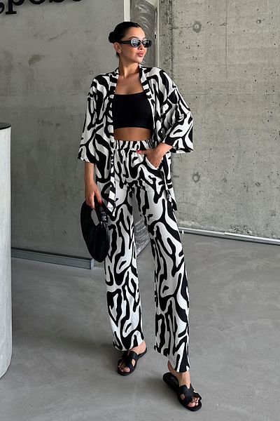 MODAGEN Women's Zebra Kimono Trousers Oversize Shirt Set