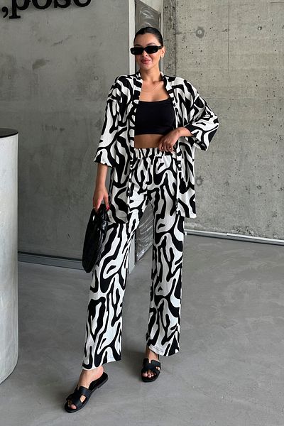 MODAGEN Women's Zebra Kimono Trousers Oversize Shirt Set