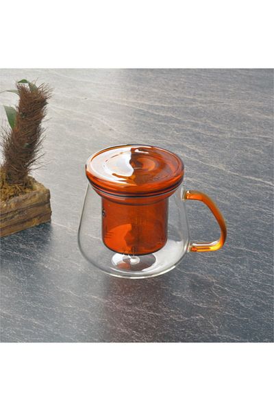 morponi 350 Ml Amber Borosilicate Mug - With Glass Strainer and Glass Lid