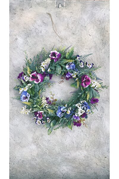 Mori Atölye 35 cm Doğal Sarmaşık Çelenk Menekşe ve Bahar Çiçekli Kapı Süsü