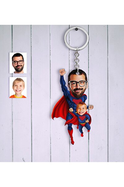 Bk Gift Kişiye Özel Süper Baba Oğul Karikatür Anahtarlık