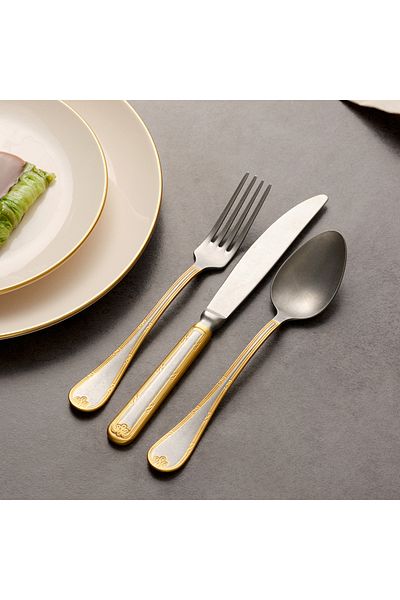 Hisar Infinity Gold 36 Piece Steel Knife Set - 6 Person Spoon Antique Decor