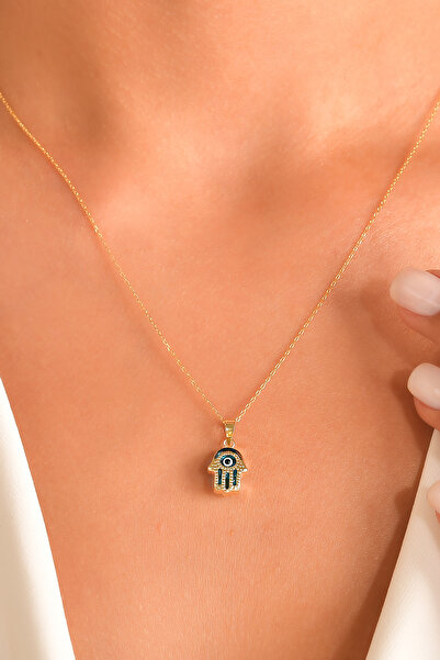 WOOW GOLD 14 Ayar Altın Kolye Nazar Boncuklu Göz Kolye Ucu Fatma Ana Eli Mode...