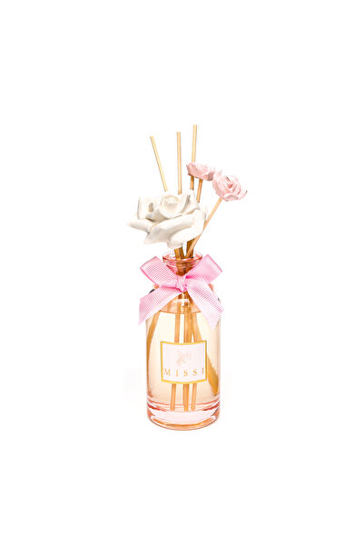 Missi 180 ml Pembe Cam Şişe Çiçek Seramik Taş Bambu Çubuklu White Rose Oda Ko...