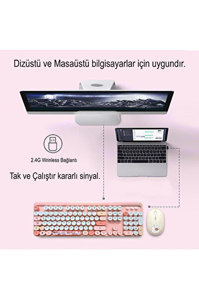 Microcase Mofii Ayıcık Desenli Kablosuz Renkli Yuvarlak Tuşlu Türkçe Klavye Mouse Set-al4258