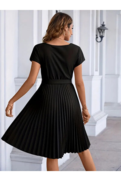 DİMA OFFİCİAL Dámské krepové midi krepové šaty s krátkým rukávem a sukní v pase