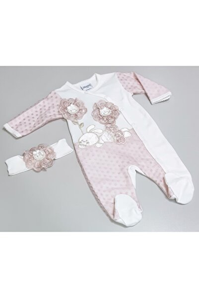 Sönmez Baby GÜLEN TAVŞAN DANTELLİ KIZ TULUM VE SAÇ BANDI İKİLİ BEBE TAKIMI