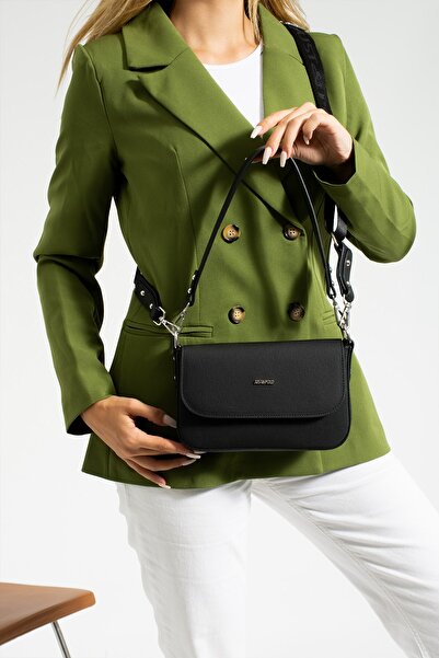 Just Polo Yeni Sezon Siyah Lakoste Kumaş 5 Gözlü Kadın Çapraz Omuz Çantası 23...