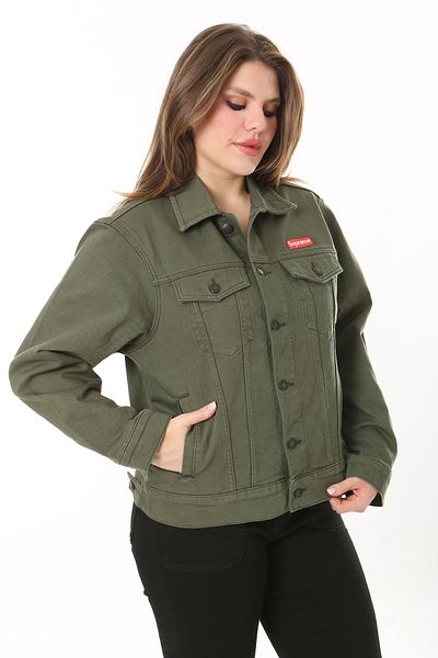 Şans Women's Large Size Khaki Metal Buttoned Denim Coat with Cup Detail and Pockets 65N37713