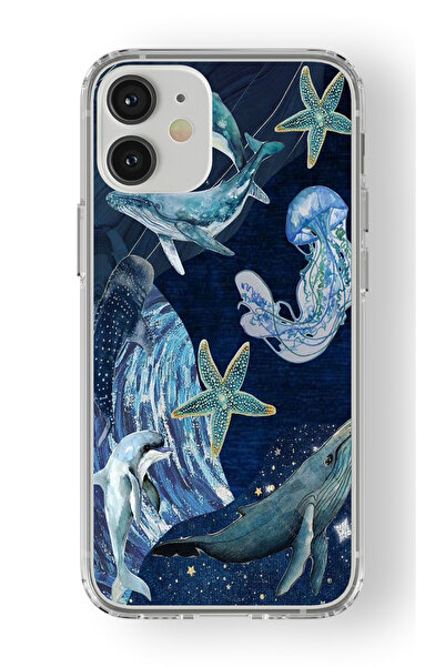 Space Star iPhone 12 Mini Uyumlu Balina Tasarım Baskılı Şeffaf Kılıf