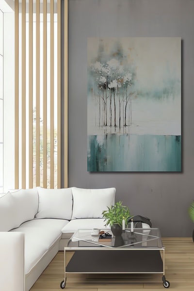 Teona Ahşap Ahşap Soyut Kabartmalı Beyaz Ağaçlar Sessiz Göl Oda Kare Şeklinde...