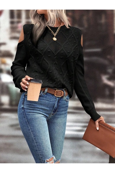 AQE FASHION Kadın Bisiklet Yaka File Detaylı Saç Örgü Yürütme Desenli Omuz Detaylı Siyah Triko Kazak