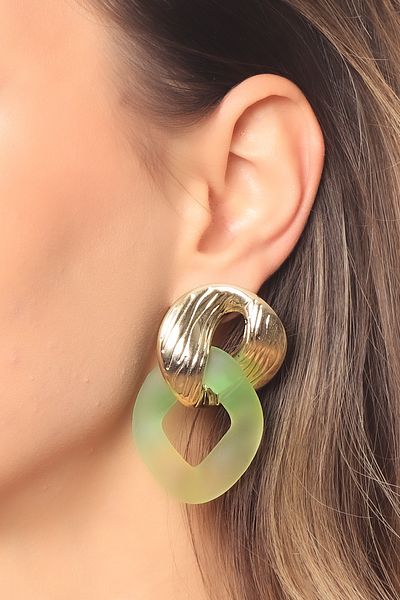 LABALABA Women's Resin Collection Green Color Shaded Studded Model Interlocking Chain Ring Earrings