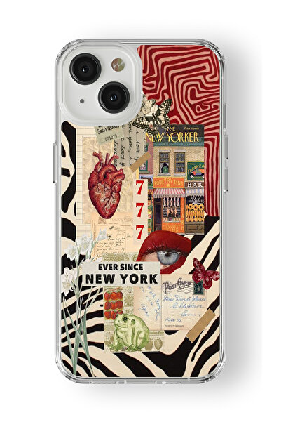 Space Star iPhone 13 Uyumlu New York Kolaj Tasarım Baskılı Şeffaf Kılıf