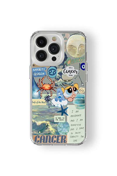 Space Star iPhone 14 Pro Max Uyumlu Yengeç Burcu Kolaj Tasarım Baskılı Şeffaf...