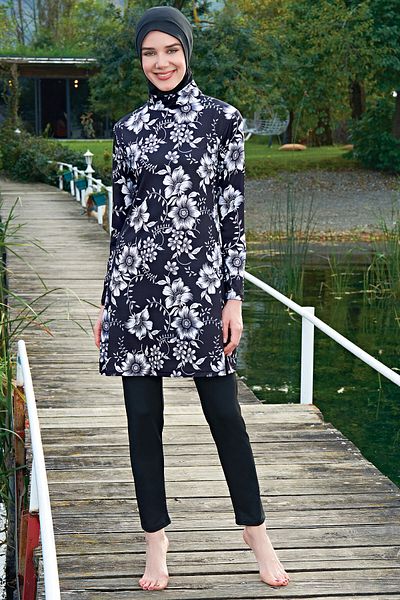 Ruko Maio MIRATES Black and White Floral Patterned Micro Fabric Hijab Swimsuit