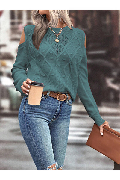 OMKA BUTİK Dámská sukna s výstřihem ze síťoviny do vlasů s copem provedení se vzorem na rameni s detailním mátovým úpletem svetr