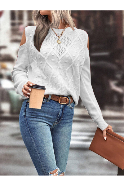 OMKA BUTİK Pulover de tricotaj alb pentru femei, cu decolteu rotund, cu detaliu din plasă, cu model de tricotat, cu detaliu pe umeri