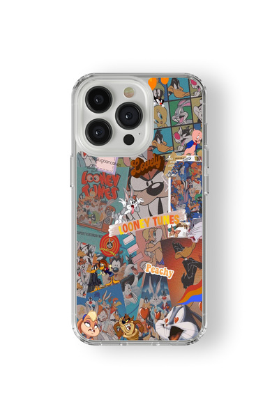 Space Star iPhone 14 Pro Max Uyumlu Looney Tunes Kolaj Tasarım Baskılı Şeffaf...
