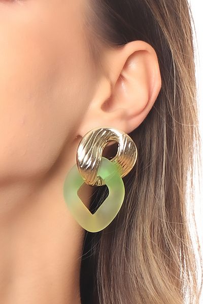 LABALABA Women's Resin Collection Green Color Shaded Studded Model Interlocking Chain Ring Earrings