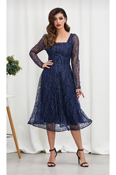 GÜZELLER Midi Boy Kare Yaka Sim Organize Kabartma Söz İsteme Nişan Nikah Elbisesi Abiyesi