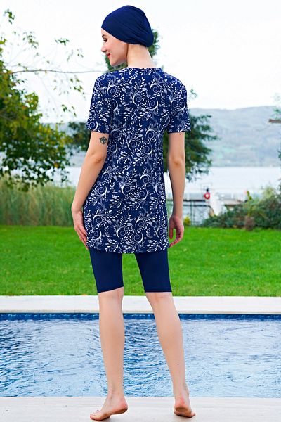 Ruko Maio Navy Blue Patterned Half Sleeve Micro Fabric Semi-Testeur Swimsuit - Quick Drying