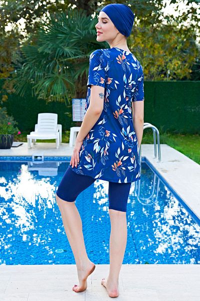 Ruko Maio MIRATES Large Size Navy Blue Leaf Pattern Half Sleeve Micro Fabric Semi Hijab Swimsuit