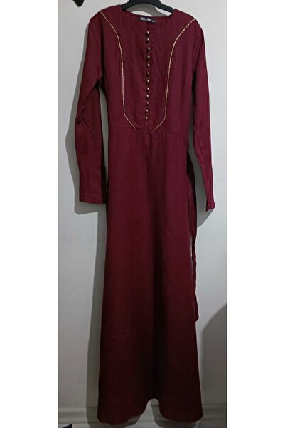 powerofstore Düğmeli Bordo Keten Elbise