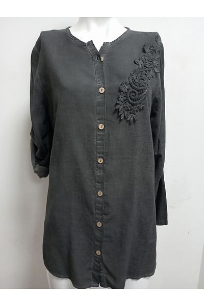 AKŞEN GİYİM Large Size Scallop Lace Detailed Washed Cotton Linen Authentic Folded Sleeve Shirt