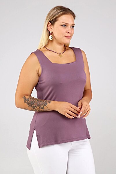 Seamoda Plus Size Square Collar Slit Viscose Tank Top-DRIED ROSE