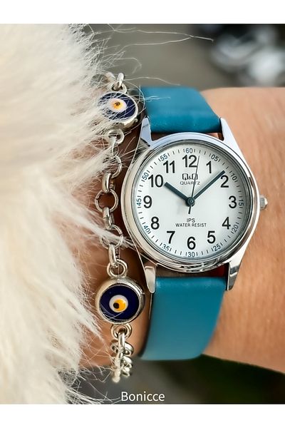 Q&Q Blue Leather Cord, Waterproof Numeral Women's Wristwatch with Evil Eye Beaded Bracelet Gift