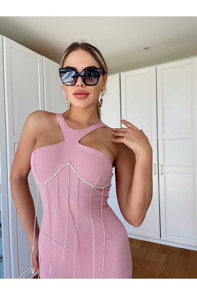 1Moda1Tarz Γυναικείο ροζ κρεπ ύφασμα με αλυσίδα με λεπτομέρεια Midi design φόρεμα