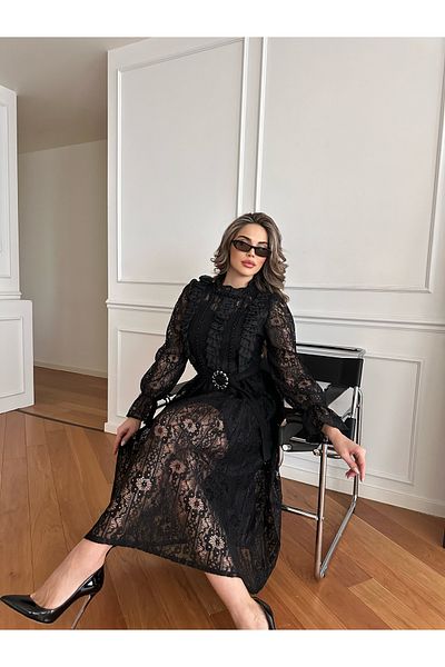 1Moda1Tarz Γυναικείο αξεσουάρ από πέτρα από μαύρη δαντέλα και κρεπ ύφασμα με ζώνη καρφίτσας επένδυση Maxi επώνυμα φόρεμα