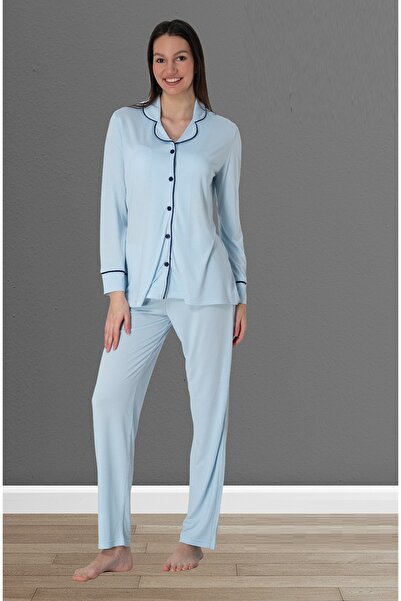 by İGP Long Sleeve Blue Cotton Women's Pajamas Set - Front Buttoned