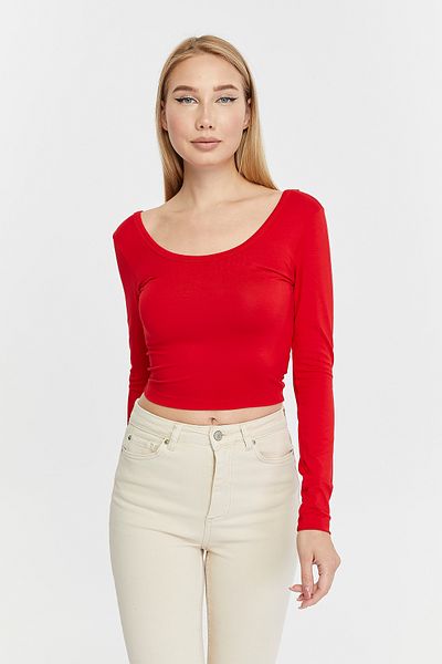LAENT Women's Red Pool Collar Long Sleeve Crop Blouse