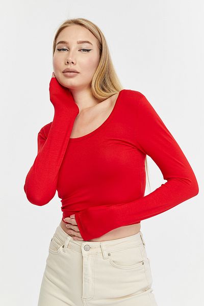 LAENT Women's Red Pool Collar Long Sleeve Crop Blouse