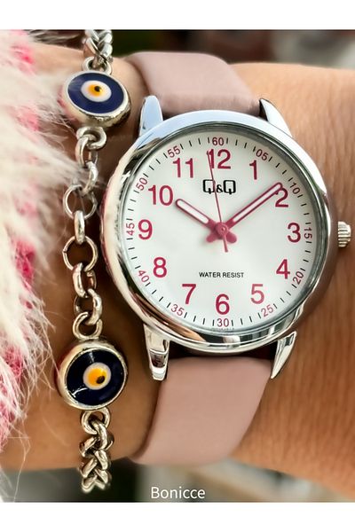 Q&Q Pink Leather Cord, Waterproof Numeral Women's Wristwatch with Evil Eye Beaded Bracelet Gift