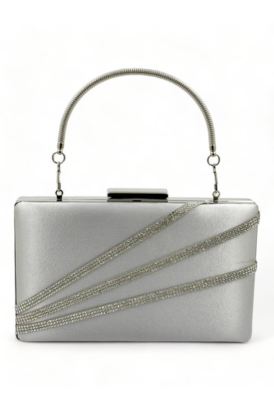 Biçanta Geantă elegantă gri argintiu din material satin cu carcasă argintie ș...