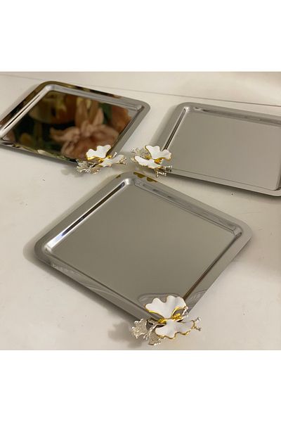 Elzemm store STAINLESS STEEL SQUARE 6-PIECE PRESENT TABLE WITH WHITE BUTTERFLY ACCESSORY